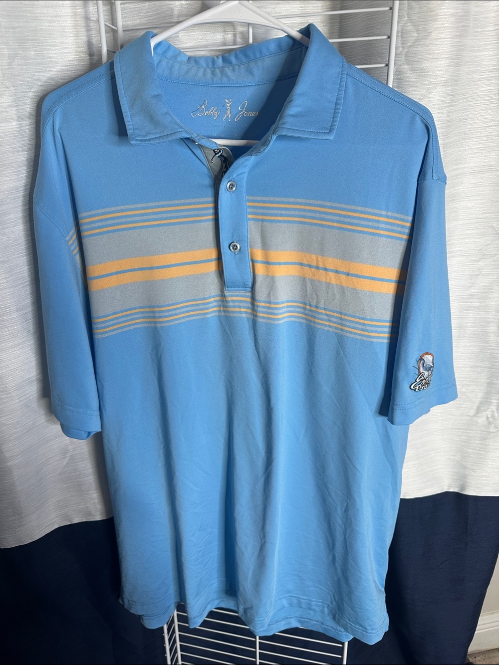 Bobby Jones Sky Blue Polo with Yellow and Gray Stripes